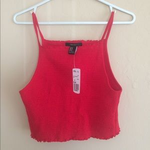 red halter ruffle smock lettuce trim cami tank top